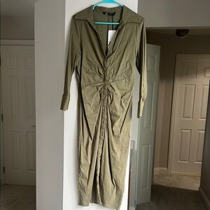 Olive Green Button-Down Front Slit Midi Dress